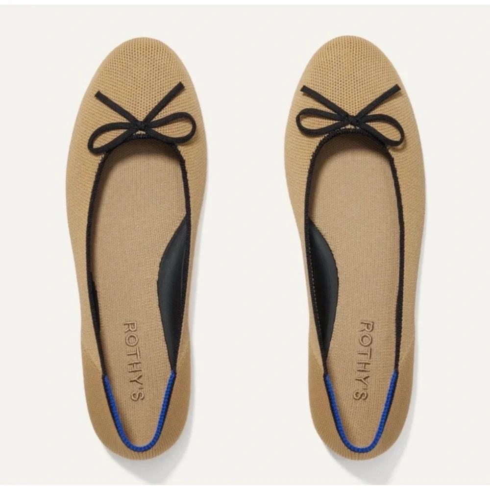 New Rothys The Bow Flat‎ Fawn Beige Tan Knit Pointed Toe Ballet Flats Womens 9.5